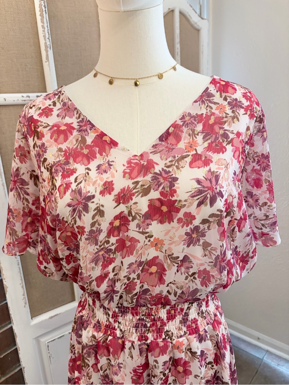 Chaus Smocked Waist Handkerchief Maxi Dress  L Floral Gold Metallic Romantic